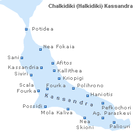 Map of Kassandra, Chalkidiki (Halkidiki), Macedonia, Greece